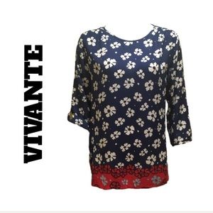 VIVANTE by VSA Floral Tab 3/4 Sleeve Top Blouse S